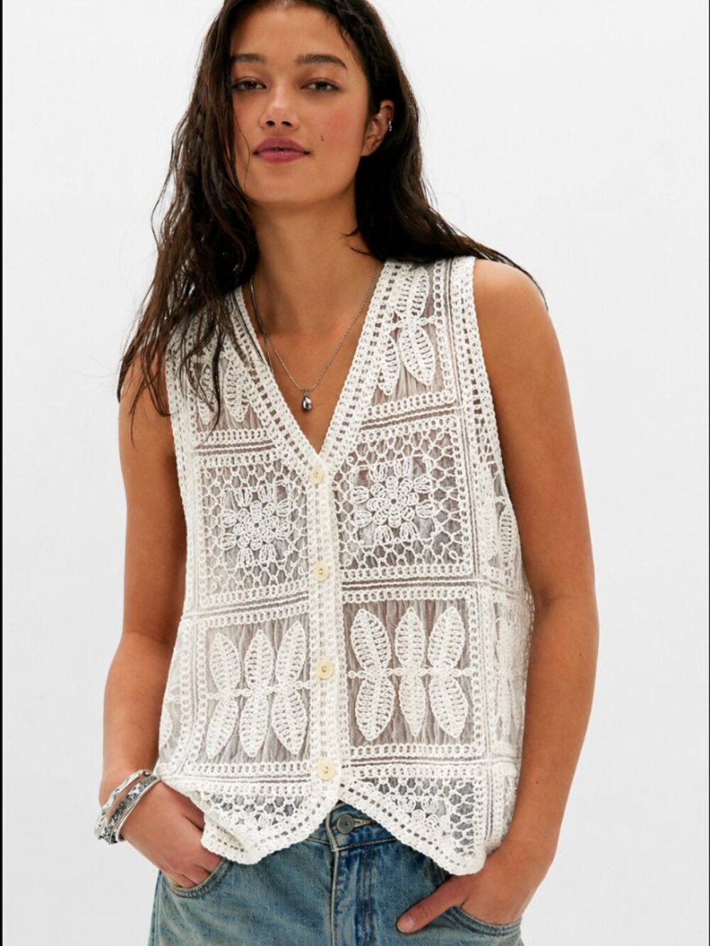 Sleeveless White Crochet Button-Front Vest